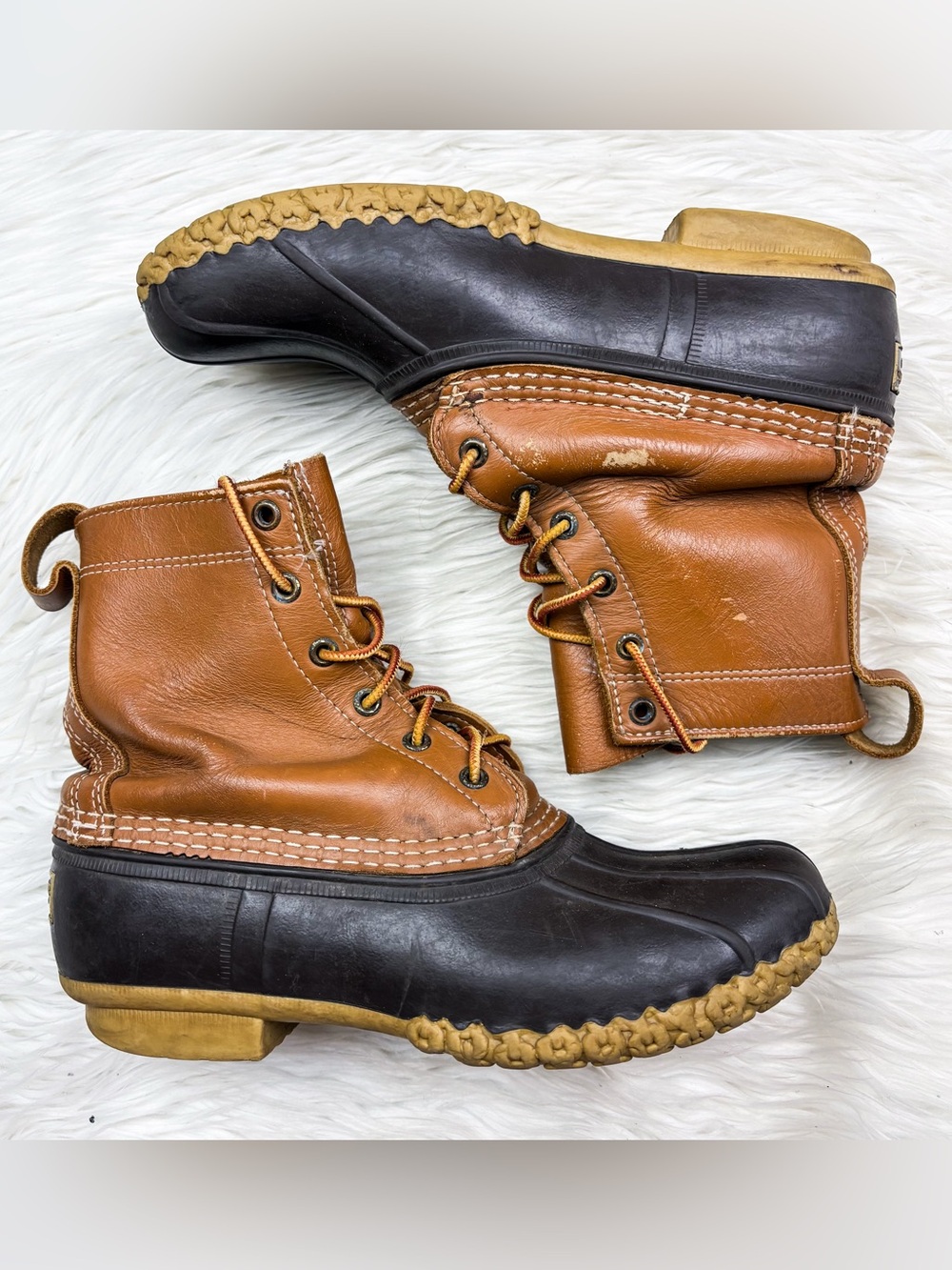 L.L. Bean Vintage Bean Boots Duck Rain Leather Lace Up Ankle Tan Brown Womens 8